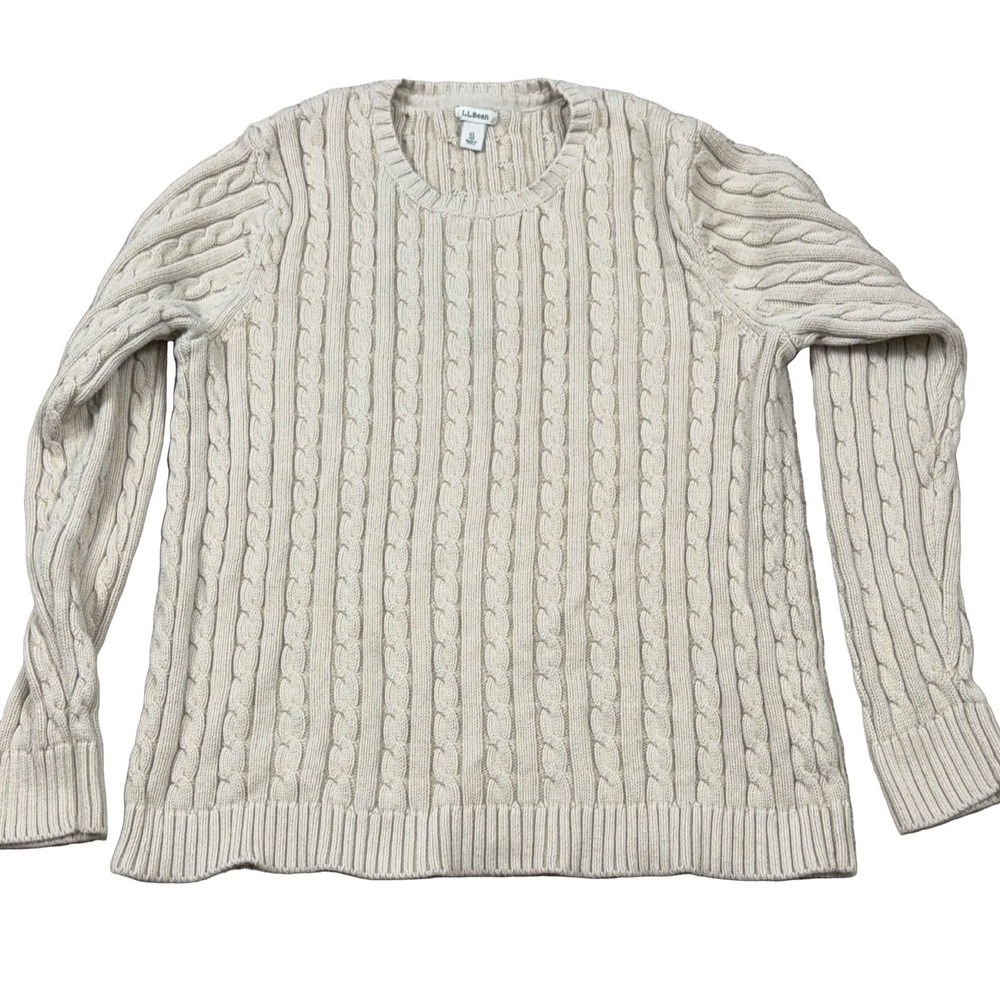 L.L.Bean Cable Knit Sweater Women's XL Beige 100% Cotton Crew Neck Pullover